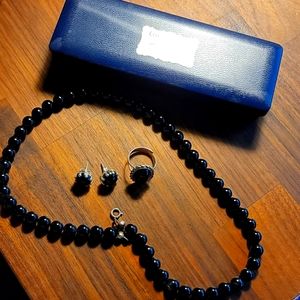 Vintage black stone necklace earrings ring